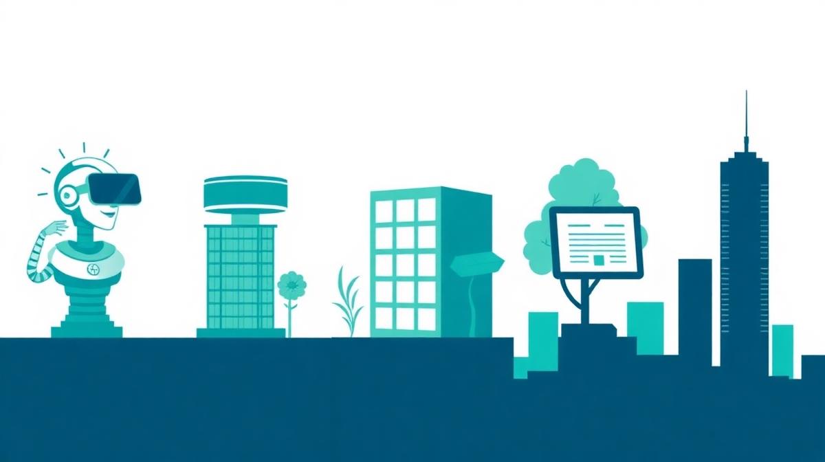 Illustration av fem PropTech-trender 2026: AI-värdering, VR-visningar, hållbarhet, digitala kontrakt och smarta städer