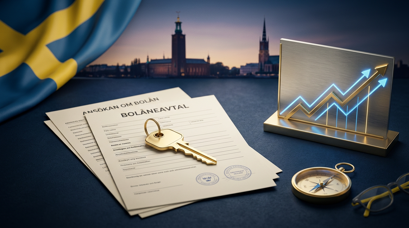 Nya bolåneregler Sverige 2025 – nycklar, dokument och svensk stadsbild symboliserar den svenska bostadsmarknaden